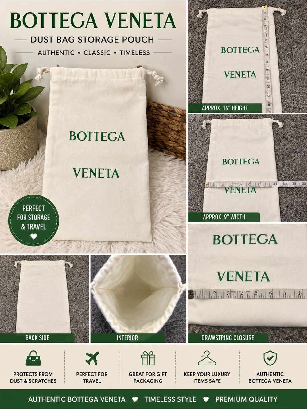 Bottega Veneta Cream Green Drawstring Dust Bag Storage Pouch